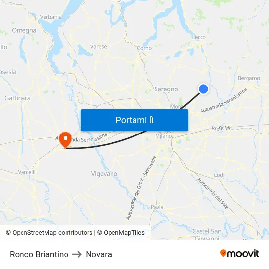 Ronco Briantino to Novara map