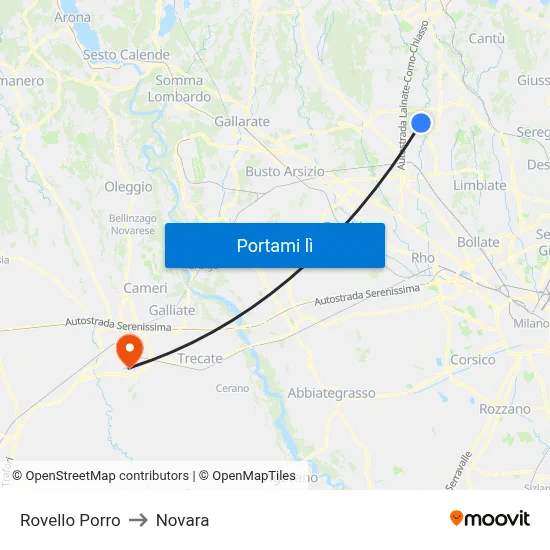 Rovello Porro to Novara map