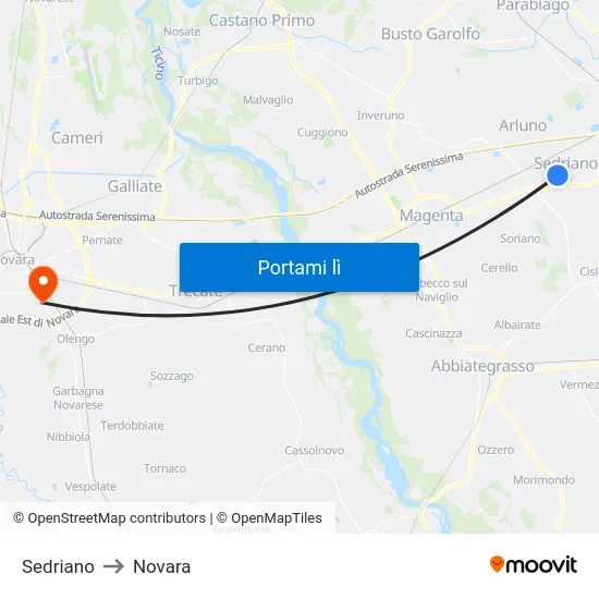 Sedriano to Novara map