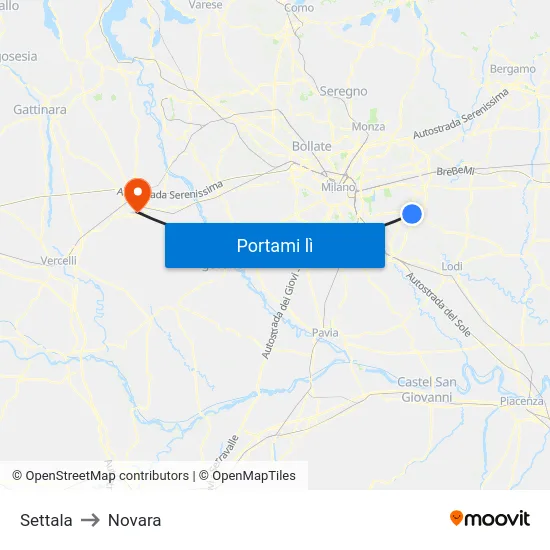 Settala to Novara map
