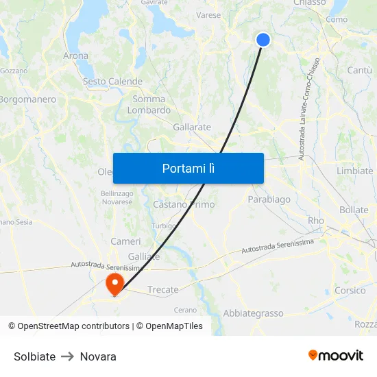 Solbiate to Novara map