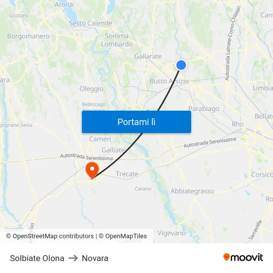 Solbiate Olona to Novara map