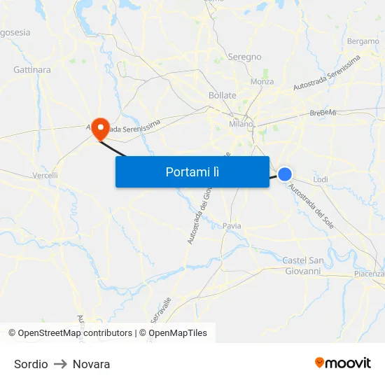Sordio to Novara map