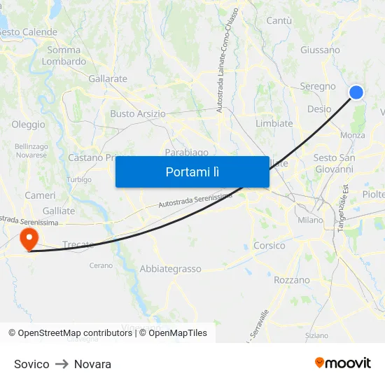 Sovico to Novara map