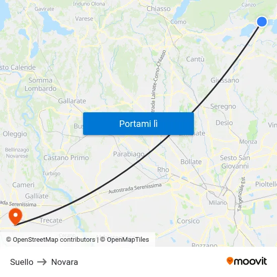 Suello to Novara map