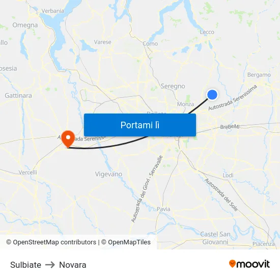 Sulbiate to Novara map