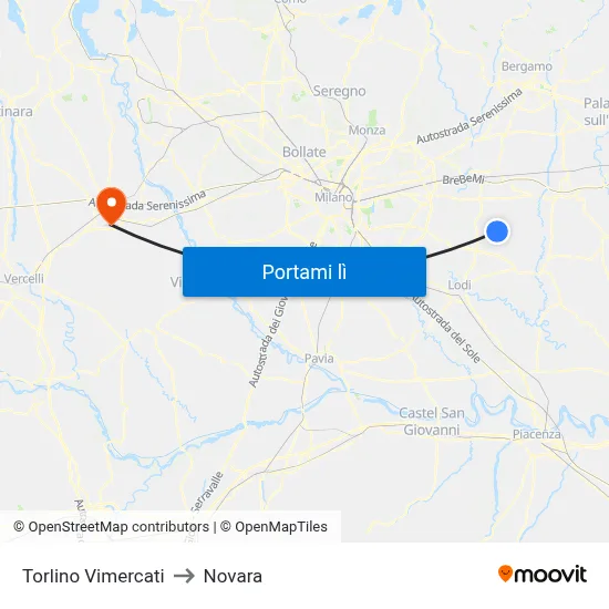 Torlino Vimercati to Novara map