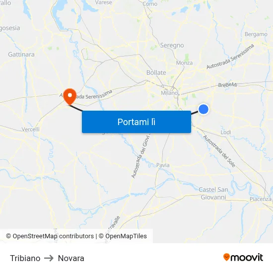 Tribiano to Novara map