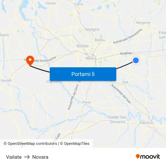 Vailate to Novara map