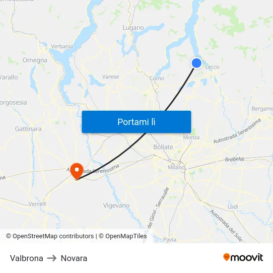 Valbrona to Novara map