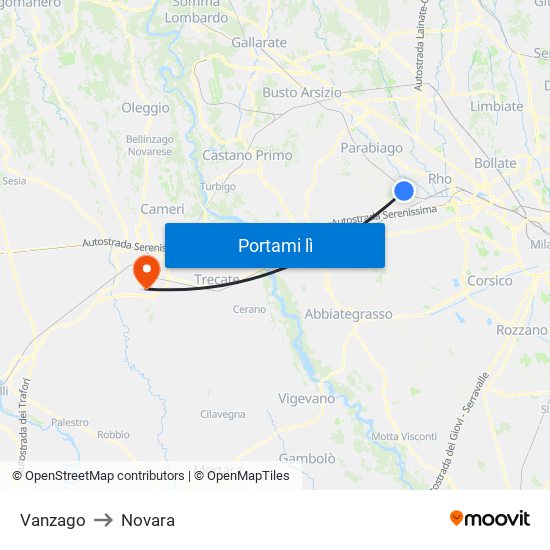 Vanzago to Novara map