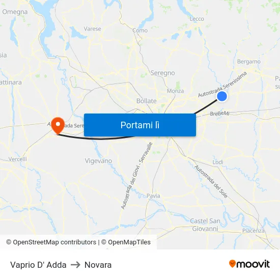Vaprio D' Adda to Novara map