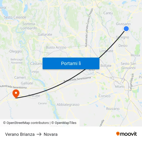 Verano Brianza to Novara map