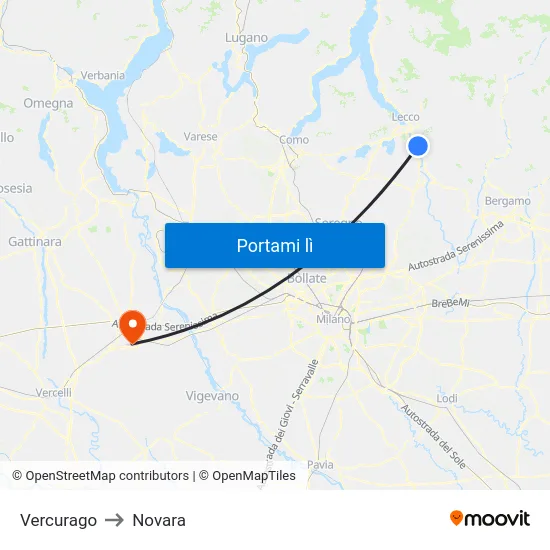 Vercurago to Novara map