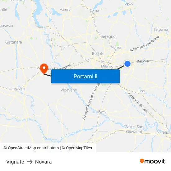 Vignate to Novara map