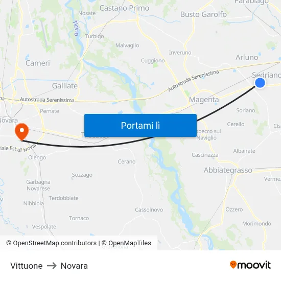 Vittuone to Novara map