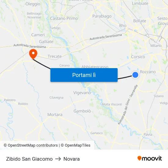 Zibido San Giacomo to Novara map