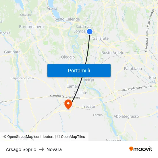 Arsago Seprio to Novara map