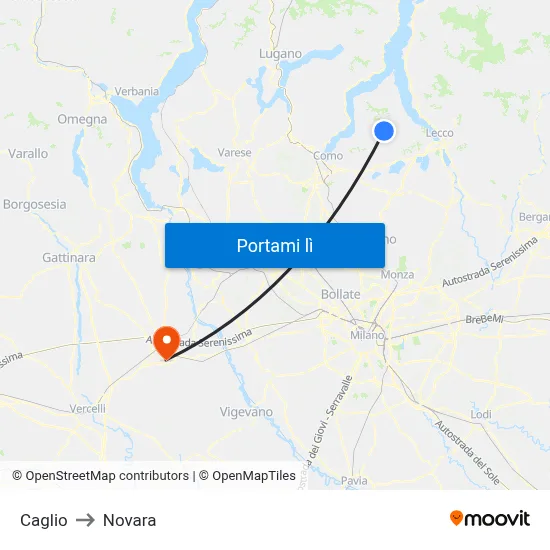 Caglio to Novara map