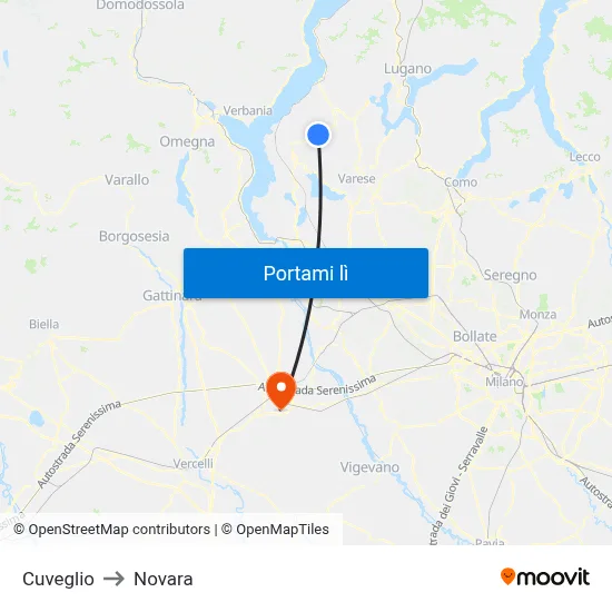 Cuveglio to Novara map