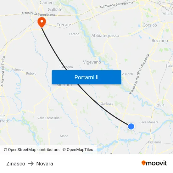 Zinasco to Novara map