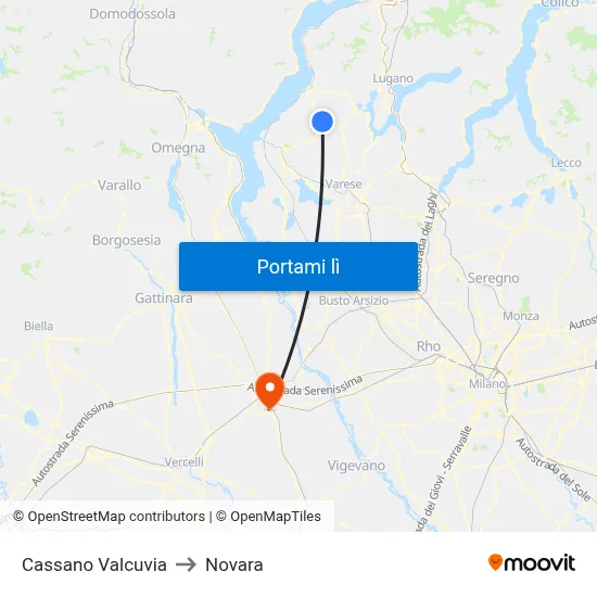 Cassano Valcuvia to Novara map