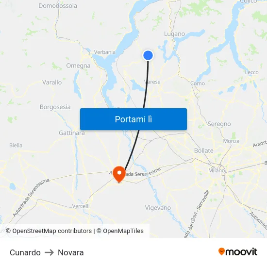 Cunardo to Novara map