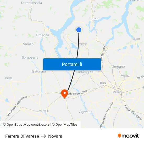 Ferrera Di Varese to Novara map