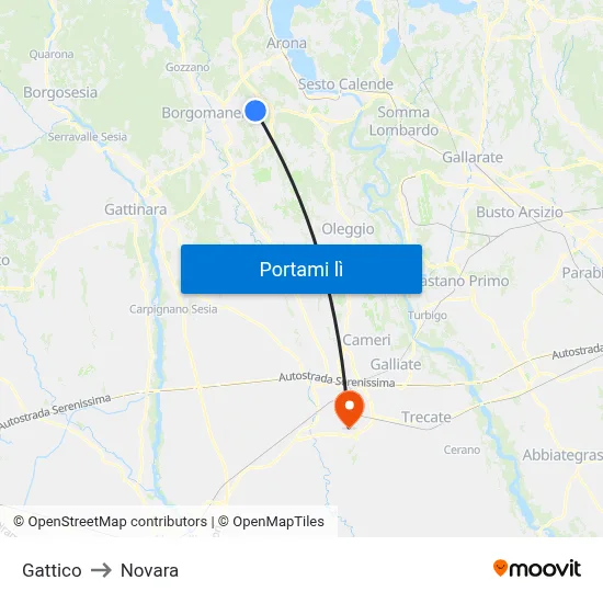 Gattico to Novara map