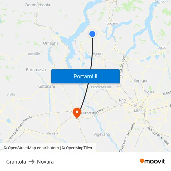 Grantola to Novara map