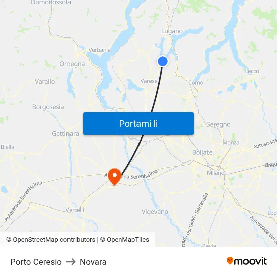 Porto Ceresio to Novara map