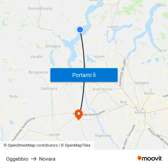 Oggebbio to Novara map