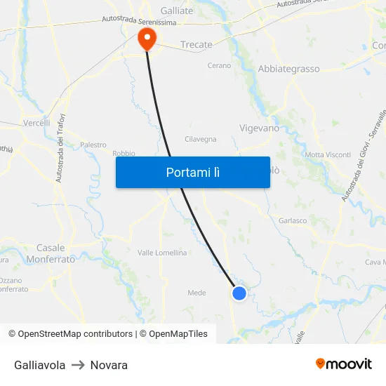 Galliavola to Novara map