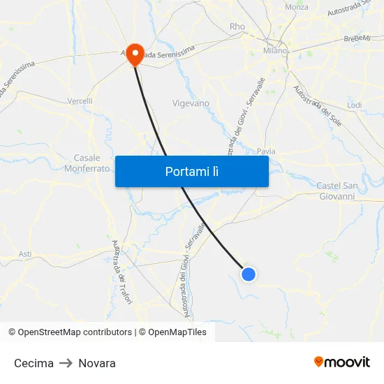 Cecima to Novara map