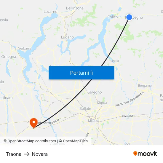 Traona to Novara map