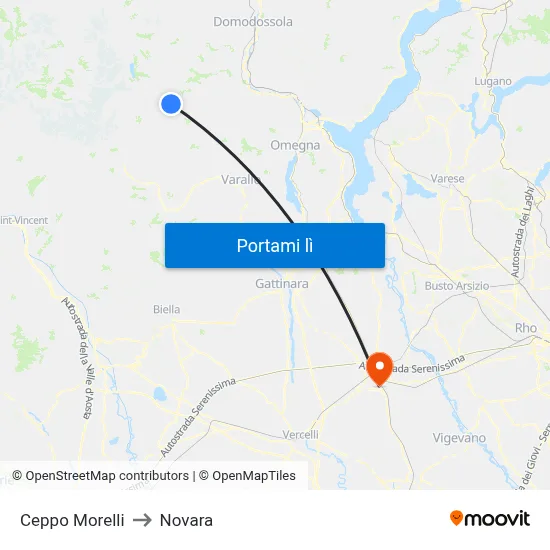Ceppo Morelli to Novara map