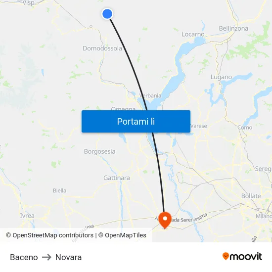 Baceno to Novara map