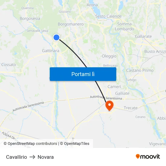 Cavallirio to Novara map