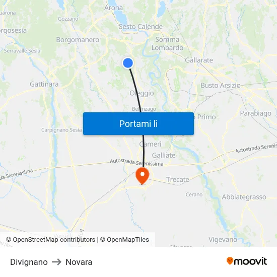 Divignano to Novara map