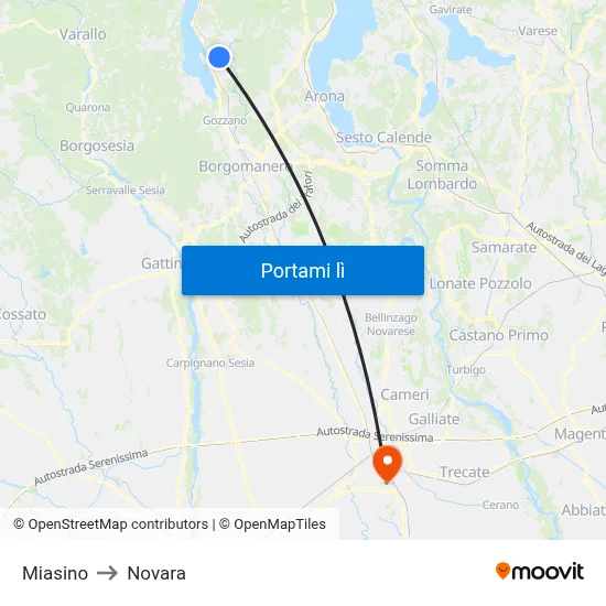 Miasino to Novara map