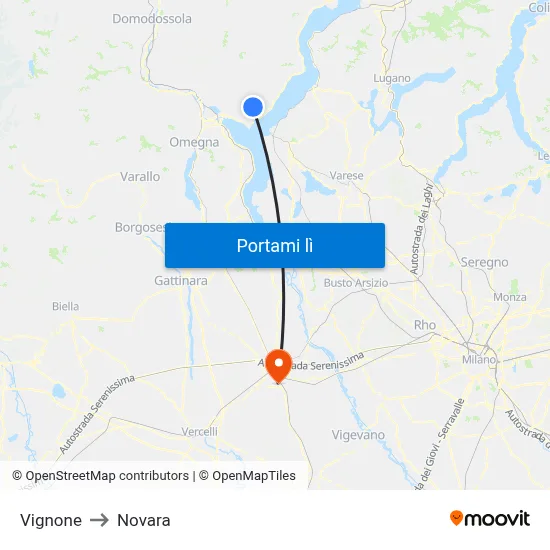 Vignone to Novara map