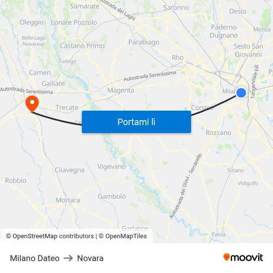 Milano Dateo to Novara map