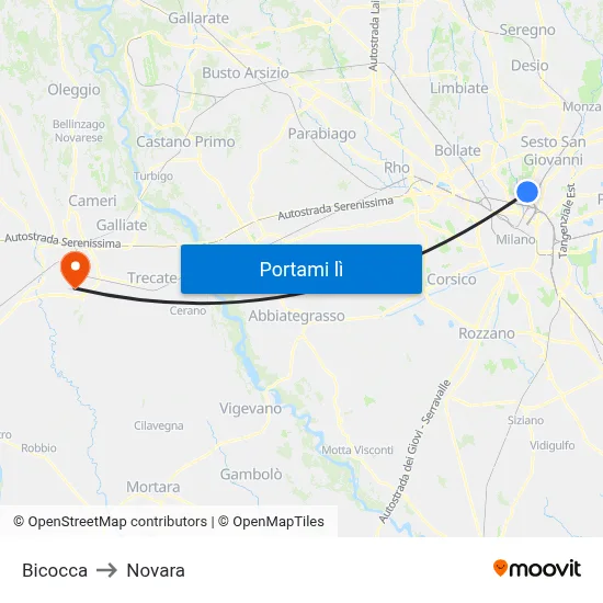 Bicocca to Novara map