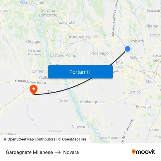 Garbagnate Milanese to Novara map