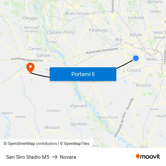 San Siro Stadio M5 to Novara map