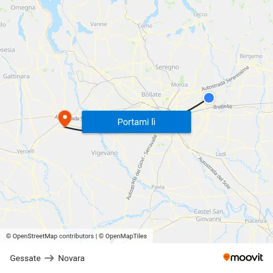 Gessate to Novara map