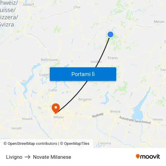 Livigno to Novate Milanese map