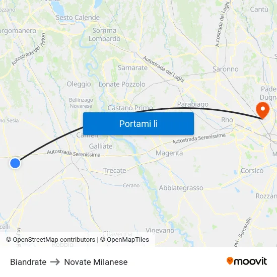 Biandrate to Novate Milanese map