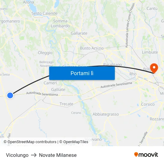 Vicolungo to Novate Milanese map