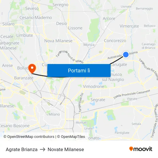 Agrate Brianza to Novate Milanese map